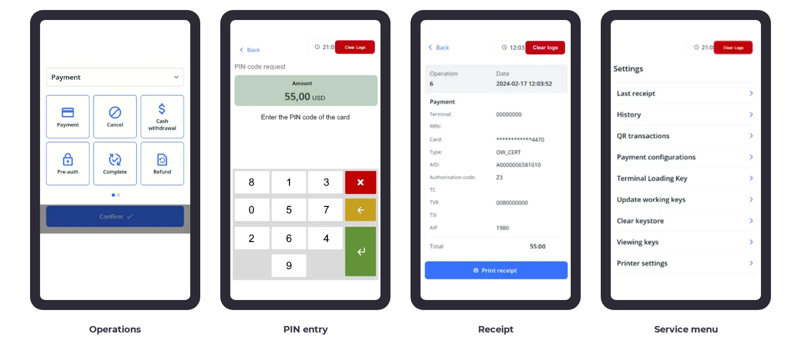 AT Pay Android screens on an Android SmartPOS terminal