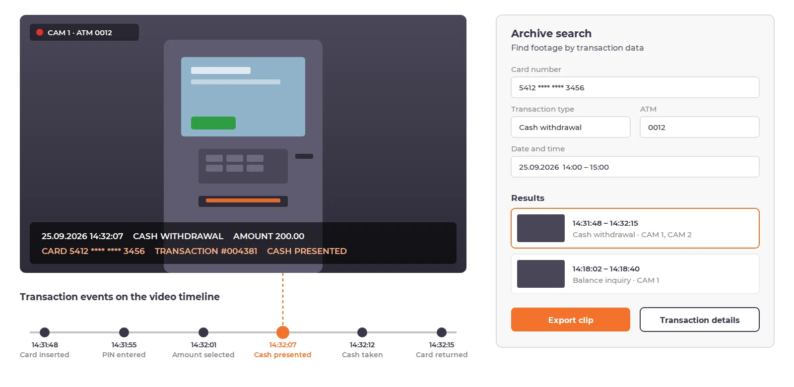 UTM Video Surveillance: video linked to ATM transactions